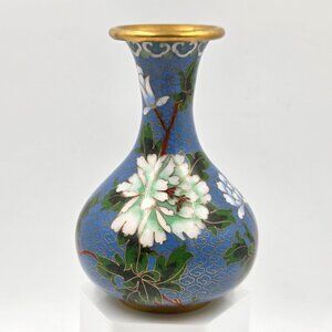 Jingtai Blue Cloisonné Enamel White Peonies Bud Brass Vase